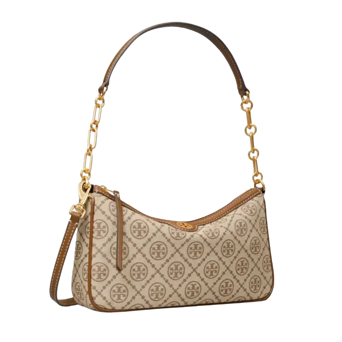 Tory Burch duo bag small beige monogram coated canvas leather trim shoulder bag brown