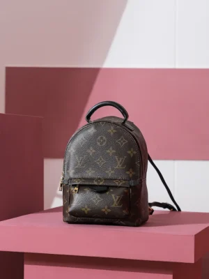 Palm Springs Mini backpack in Monogram canvas by Louis Vuitton on a pink background, showcasing its luxury design and functional features.