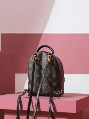 Palm Springs Mini backpack in Monogram canvas with Louis Vuitton logo, displayed against a pink geometric background.