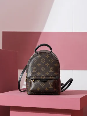 Palm Springs Mini backpack in Monogram canvas by Louis Vuitton, featuring iconic monogram pattern, stylish design, and functional front pocket, displayed against a pink geometric background.