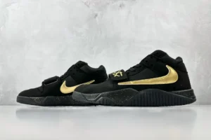 Nike Air Trainer 1 Mid black gold leather sneakers with strap and speckled sole detail