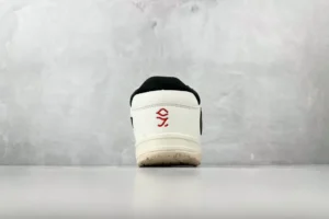 Nike Dunk Low Pro SB white black red leather sneakers rear view with red stitched logo