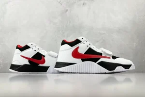 Nike Air Trainer 1 Mid white black red leather sneakers with red swoosh logo