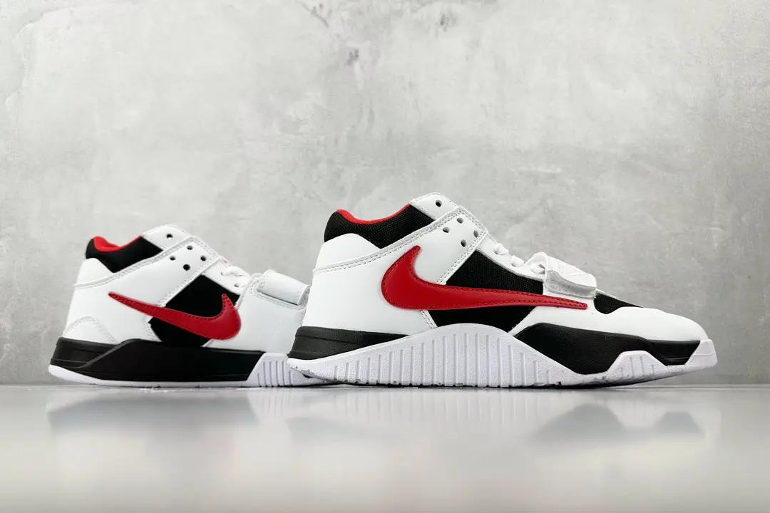 Nike Air Trainer 1 Mid white black red leather sneakers with red swoosh logo