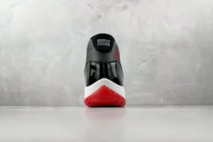 Nike Air Jordan 11 Retro Bred black red white patent leather sneakers rear view