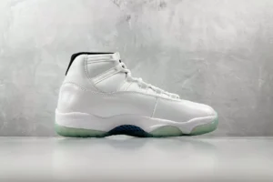 Nike Air Jordan 11 Concord white black patent leather sneakers with translucent sole and mesh accents