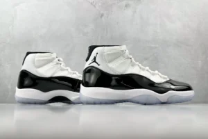 Nike Air Jordan 11 Concord black white patent leather sneakers with translucent sole