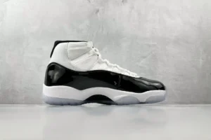 Nike Air Jordan 11 Retro Concord white black patent leather sneakers with icy sole
