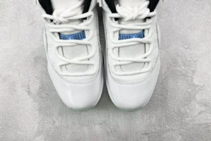 Air Jordan 11 Retro Legend Blue white patent leather mesh sneakers with translucent sole