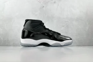 Nike Air Jordan 11 Retro black patent leather sneakers with white midsole and icy translucent outsole