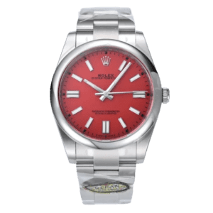 Rolex Oyster Perpetual red dial smooth bezel stainless steel watch