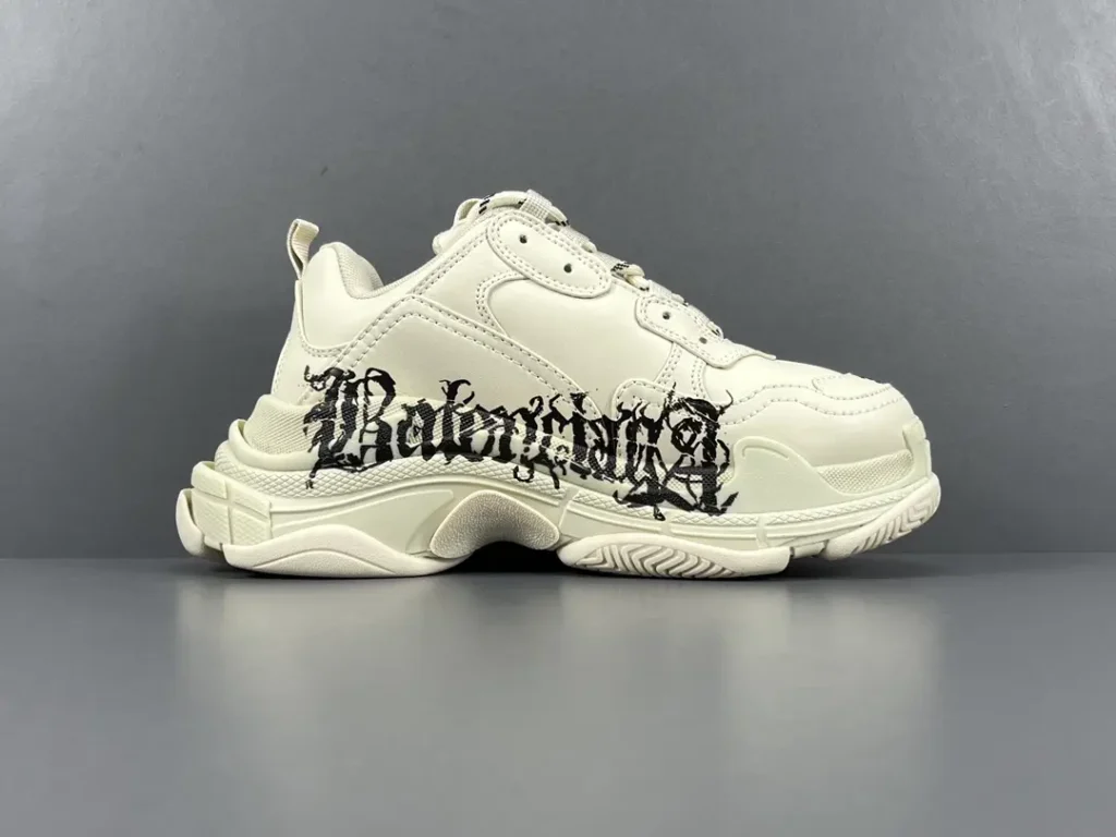 Balenciaga Triple S sneaker off-white colorway leather with black gothic logo detailing