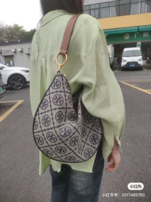 Tory Burch Gigi Hobo Bag medium brown leather canvas with logo print shoulder bag