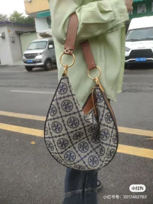 Tory Burch Crescent bag medium blue monogram canvas brown leather strap gold hardware