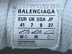 Balenciaga label showing size information in EUR, UK, USA, and JP for luxury White Grey 3XL Mesh Strap shoes.