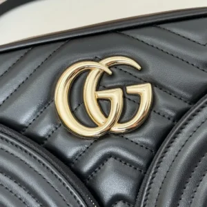 Gucci Marmont small black chevron leather bag with gold double G logo buckle