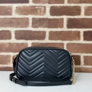 Gucci Marmont small black chevron quilted leather shoulder bag with gold chain strap