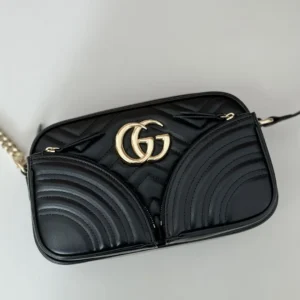 Gucci GG Marmont small black leather crossbody bag gold double G logo hardware