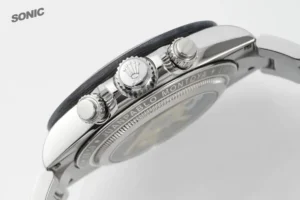 Rolex Daytona stainless steel watch with engraved case back and polished crown and pushers