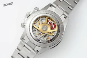 Sonic wristwatch silver stainless steel case transparent back limited edition model