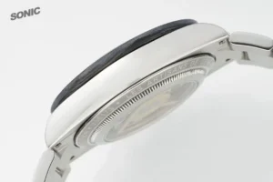 Les Artisans De Genève Sonic watch with polished stainless steel case and unique black wood bezel