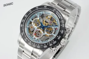 Rolex Daytona skeleton dial black tachymeter bezel stainless steel chronograph watch