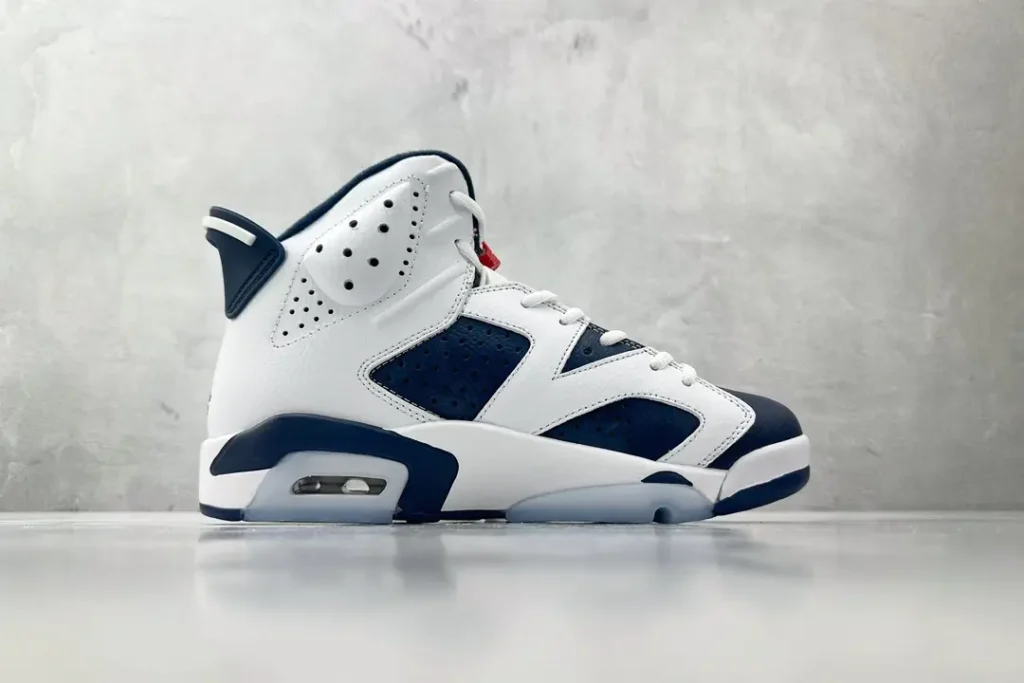 Nike Jordan 6 Retro 384664-107 white navy blue leather basketball sneaker with visible Air sole unit