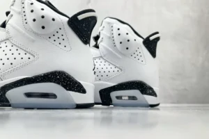 Nike Jordan 6 Retro White Black speckled midsole leather basketball sneakers close-up view
