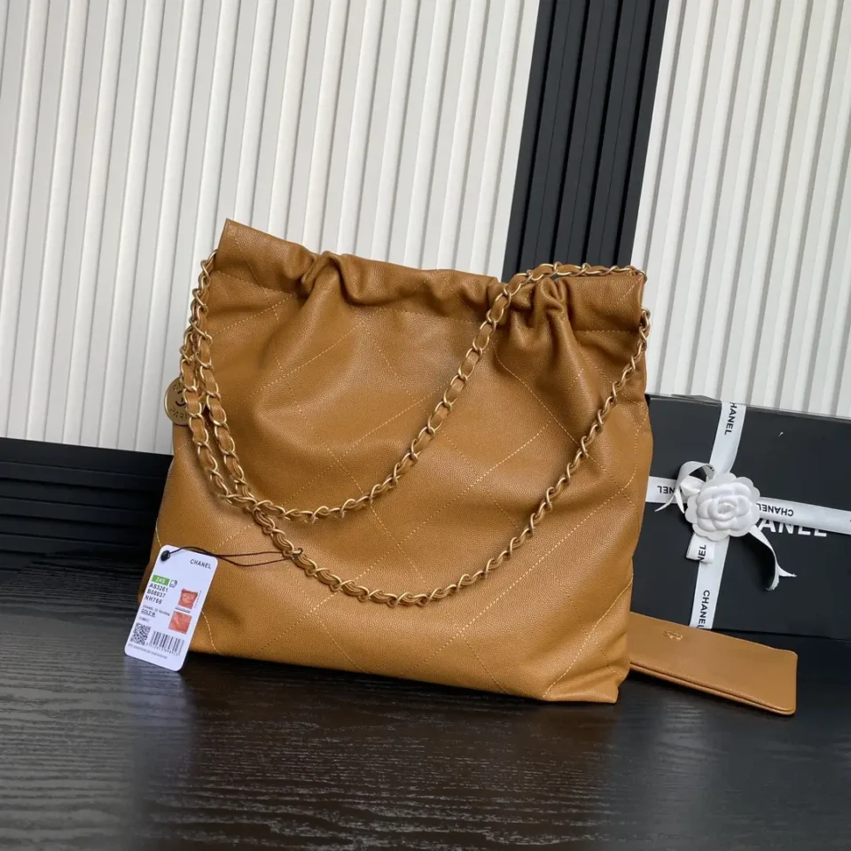 Chanel Shoulder Bag M58381 gold chain strap camel brown caviar leather tote with pouch