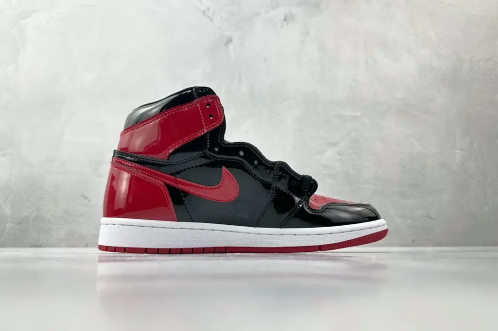 Nike Air Jordan 1 High OG Bred patent leather sneakers black red white colorway