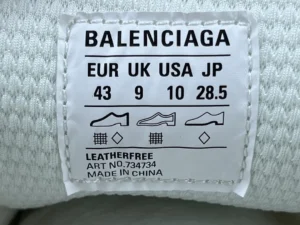 Balenciaga label displaying size information for 3XL Mesh sneakers, indicating EUR 43, UK 9, USA 10, and JP 28.5, emphasizing luxury sneaker details.