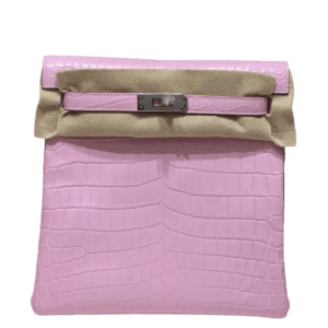 Hermès Kelly Pochette 22 pink crocodile leather clutch bag silver hardware