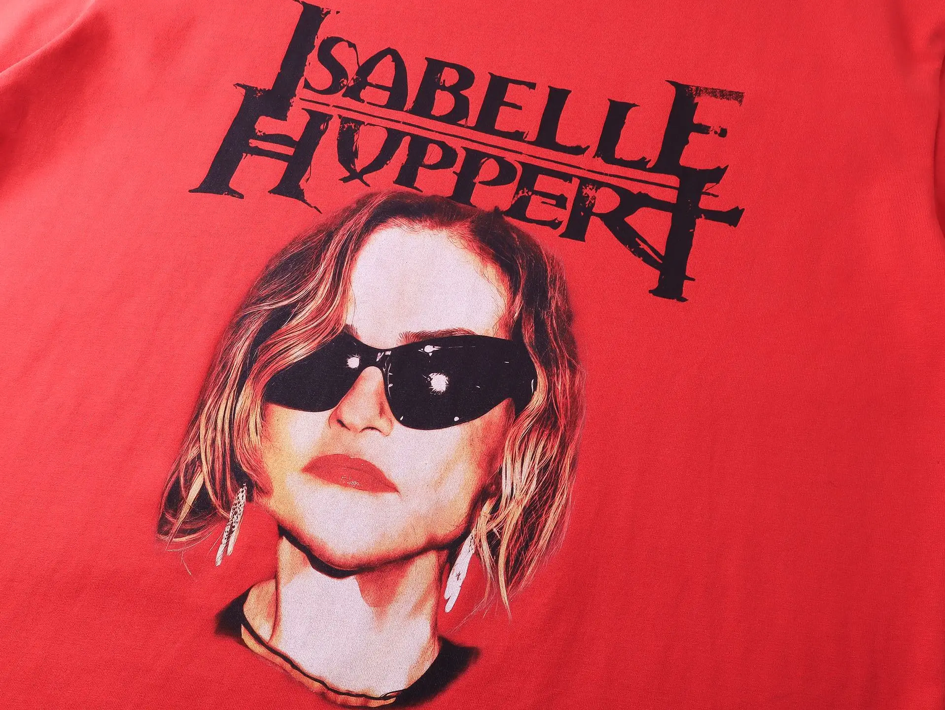 Isabelle Huppert graphic t-shirt red cotton with black print and portrait design