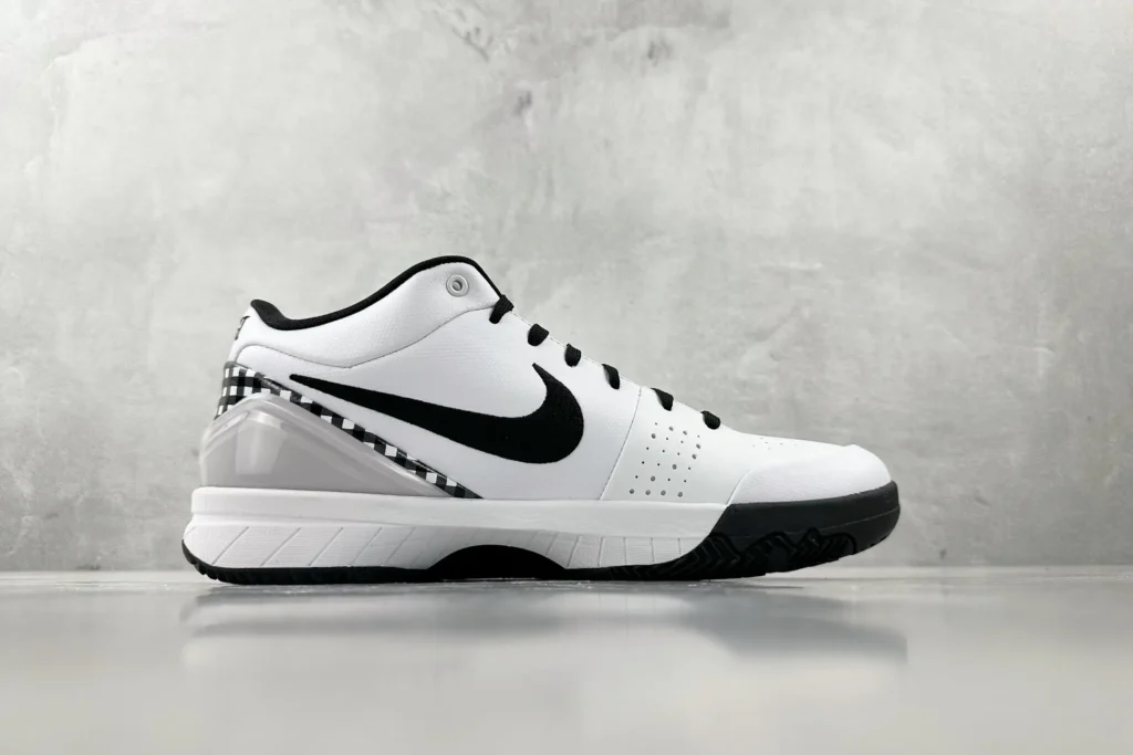 Nike Zoom Kobe IV white black checkered leather sneakers with black swoosh and sole