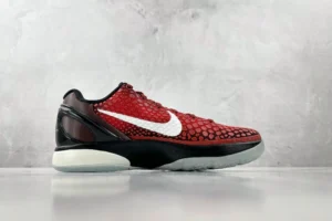Nike Zoom Kobe 6 Protro "All-Star" sneakers in red and black with white swoosh, showcasing a sleek design and textured upper, ideal for basketball enthusiasts and collectors.