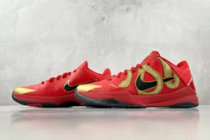Nike Zoom Kobe 5 Protro Iron Red black gold leather basketball sneakers with textured gold accents