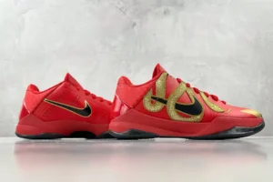 Nike Kobe 5 Protro Red Black Gold colorway synthetic leather basketball sneakers
