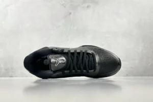 Nike Zoom Kobe 5 Black Knight sneaker featuring a sleek black design and signature logo, displayed from a top-down perspective.