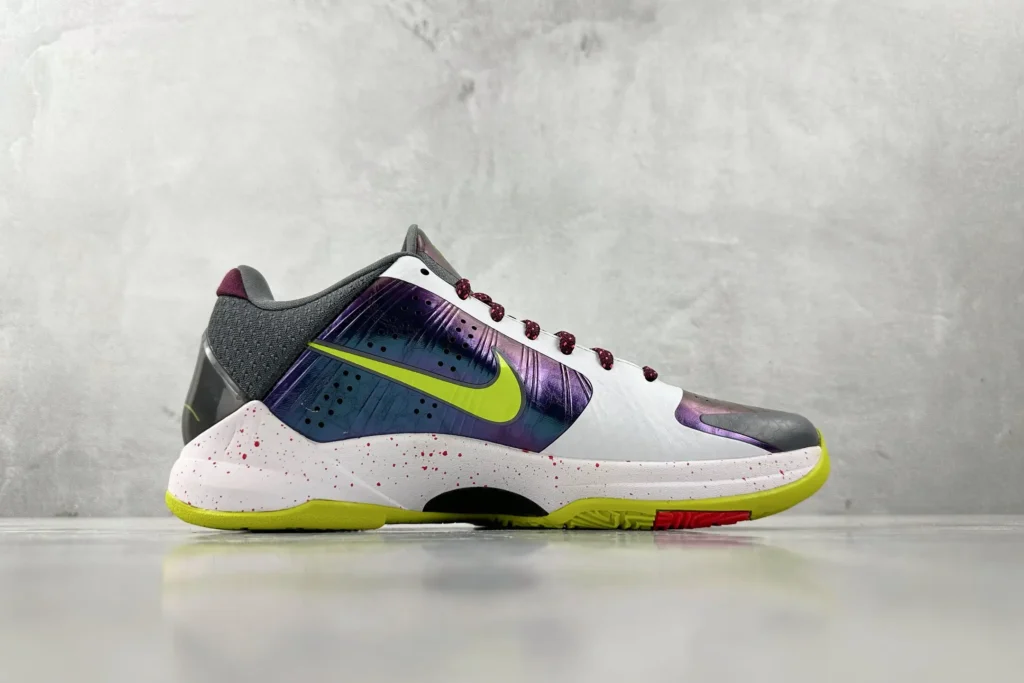 Nike Zoom Kobe 5 Protro white purple lime green leather sneakers with speckled midsole
