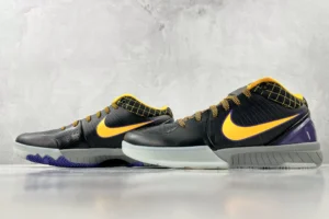 Nike Zoom Kobe IV black yellow purple leather sneakers with grid-pattern collar and grey sole