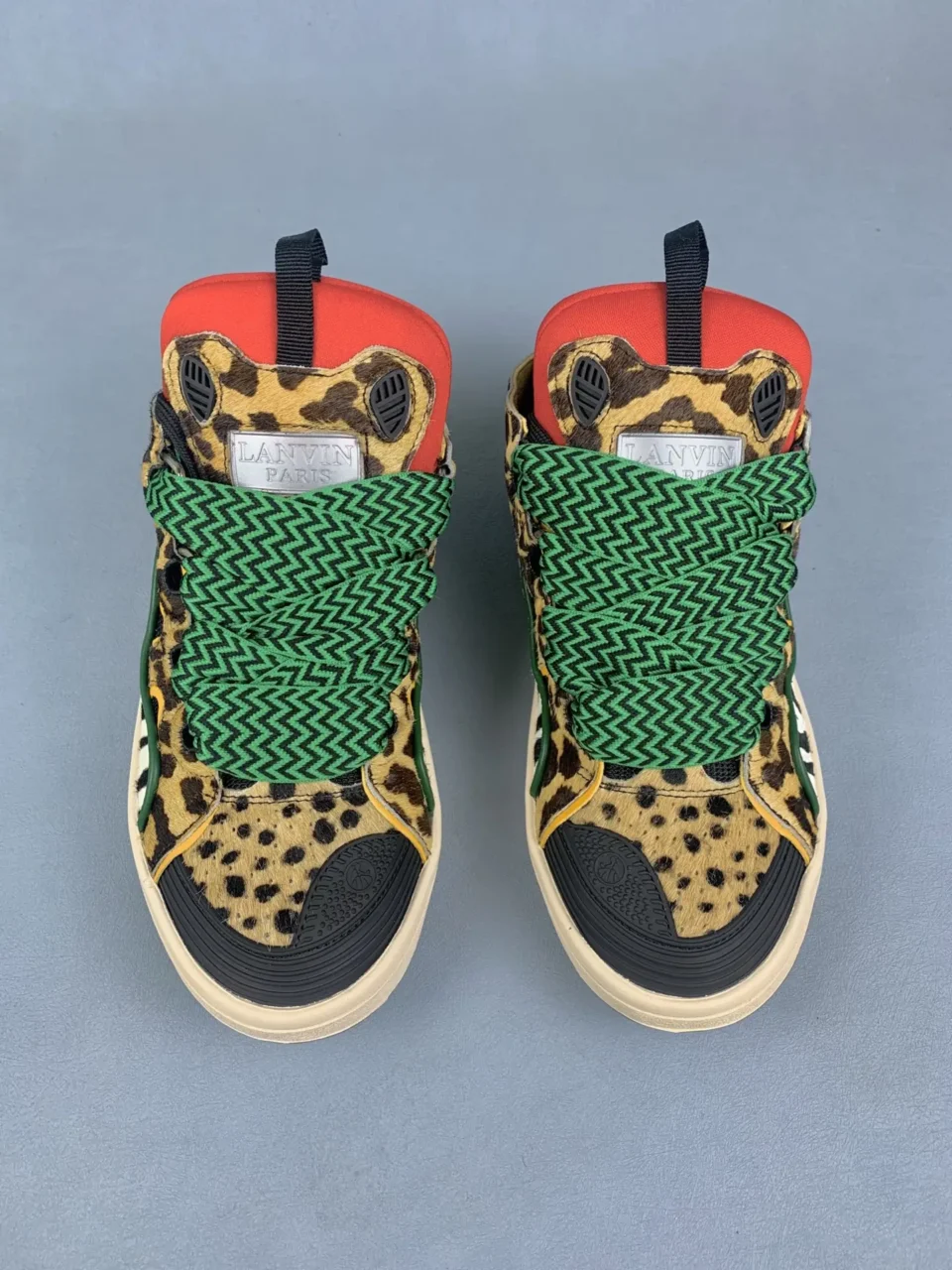 Lanvin sneakers leopard print green zigzag laces red tongue mixed material shoes