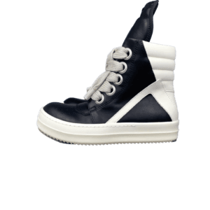 Rick Owens Geobasket DRKSHDW black white leather high-top sneakers with contrast laces and padded ankle collar