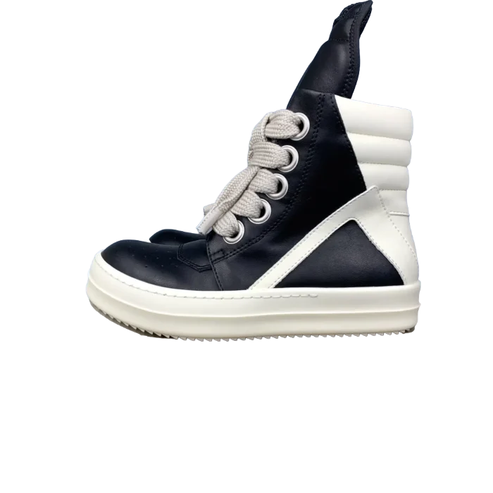 Rick Owens Geobasket DRKSHDW black white leather high-top sneakers with contrast laces and padded ankle collar