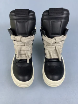 Rick Owens Geobasket black cream colorway leather sneakers with thick braided laces and white sole