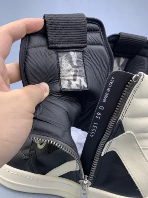 Rick Owens Geobasket 45531 black ivory leather high-top sneakers with zipper and strap details