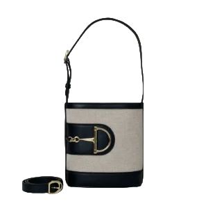 Gucci Horsebit 1955 bucket bag medium beige canvas black leather trim buckle closure