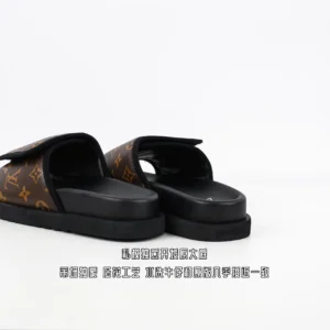 Louis Vuitton Slide Sandals brown monogram coated canvas black rubber sole slippers