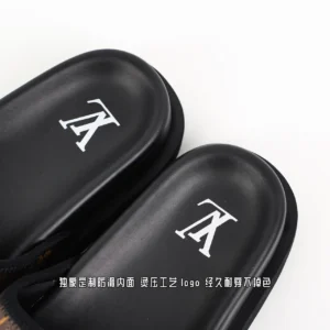 Louis Vuitton Flip Flop sandals black leather with embossed white LV logo on footbed and anti-slip feature