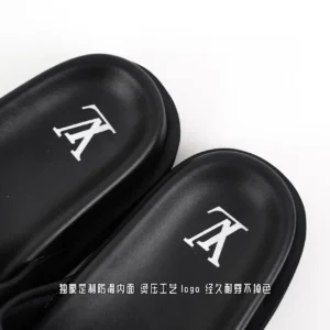 Louis Vuitton slide sandals black leather embossed logo cushioned footbed slip-on shoes