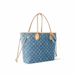 Louis Vuitton Neverfull MM tote bag blue monogram denim canvas tan leather trim